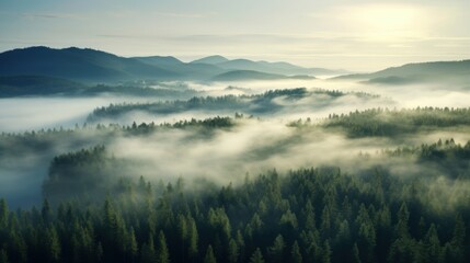 Fototapeta premium photograph of Aerial. Green pine forest in the aerial mist. Morning.