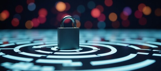 Modern digital lock in a maze signifying security and overcoming intricate obstacles within a digitized setting