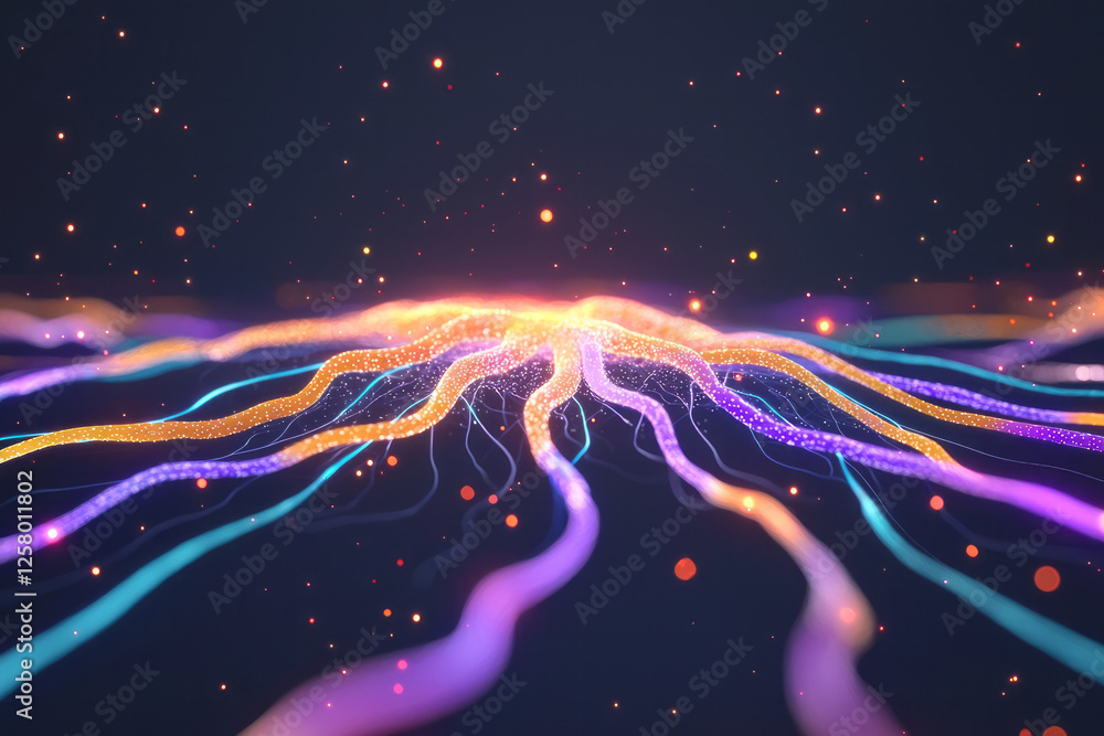 Poster a 3d perspective of color-coded neural filaments, with electric streams racing along each thread in
