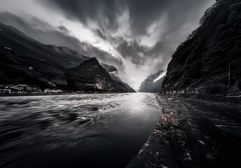 Dramatic China landscape. Fast river flows through dark mountains under a cloudy, moody sky. Scenic nature view in East Asia.