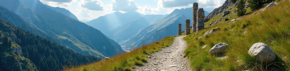 Fototapeta premium Ancient stone pillars along a mountain trail in Adygea, trail, stone pillar, path