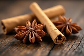 Anise and cinnamon sticks intertwined on a wooden table, natural, organic
