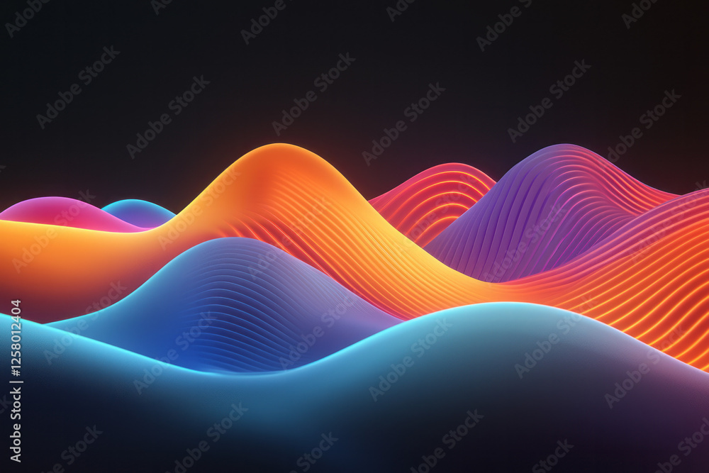 Poster a sleek arrangement of neon-like data waves flowing across a dark interface, each wave shifting