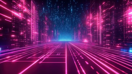 High-tech neon cyberpunk background with glowing landscape, LED stripes and abstract game interface wallpaper AI generated image