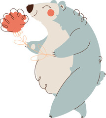 Adorable digital illustration of a happy bear holding a flower, drawn in a whimsical, minimalist style with soft colors and playful lines.