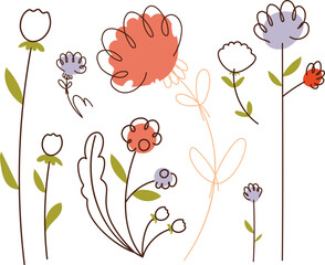 Fototapeta premium Minimalist digital illustration of delicate hand-drawn flowers and leaves in a whimsical style, featuring soft colors and playful line art.