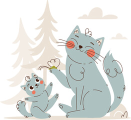 Adorable digital illustration of a mother cat and kitten enjoying nature, with a butterfly and trees in the background, drawn in a whimsical style.