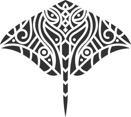 Obraz premium Black and white tribal-style stingray illustration featuring intricate geometric patterns, bold symmetry, and abstract decorative elements.