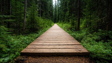 Obraz premium Wooden boardwalk through a forest, nature trail, tranquil scene, for hiking and exploring