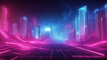 High-tech neon cyberpunk background with glowing landscape, LED stripes and abstract game interface wallpaper AI generated image
