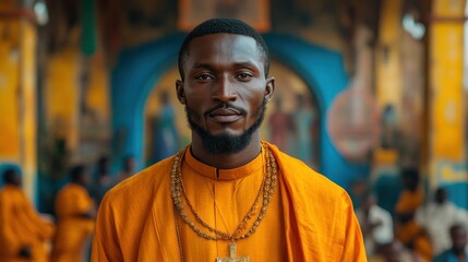 Fototapeta premium Portrait of a man in vibrant orange attire with beads, set against a colorful temple backdrop