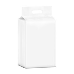 Realistic stand bag with hole handle mockup. Half side view. Vector illustration isolated on white background. Ready for your design. EPS10.	