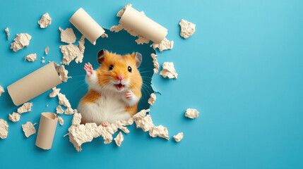 Brutal hamster, A hamster dramatically punches through a paper wall in a playful and high-fidelity digital image.