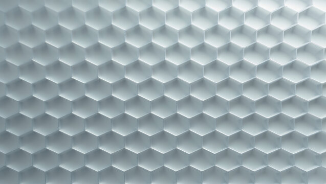 Abstract white hexagonal pattern background with soft shadows creating a futuristic modern three-dimensional geometric design