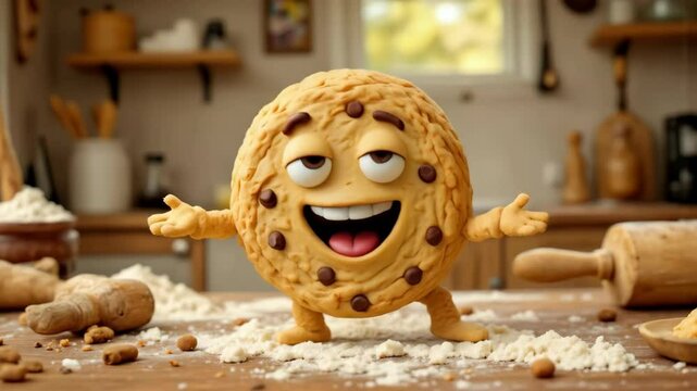 A cookie monster is standing on a table with a bowl of cookie dough