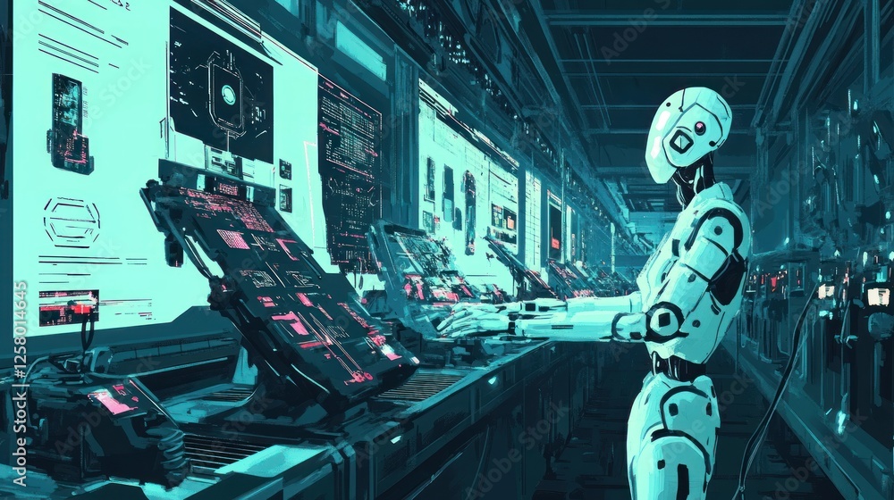 Poster hyper-modern factory with robot workers assembling futuristic gadgets, ai-controlled conveyor belts,