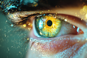 A stylized cosmic portrait where an iris morphs into a nebula swirl, glowing edges hinting at a