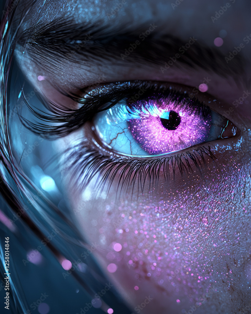 Poster a half-face portrait where the eye glows with iridescent nebula patterns, each wisp of cosmic dust