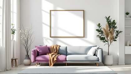 Modern living room mockup, sunlight, sofa, plants, blank frame