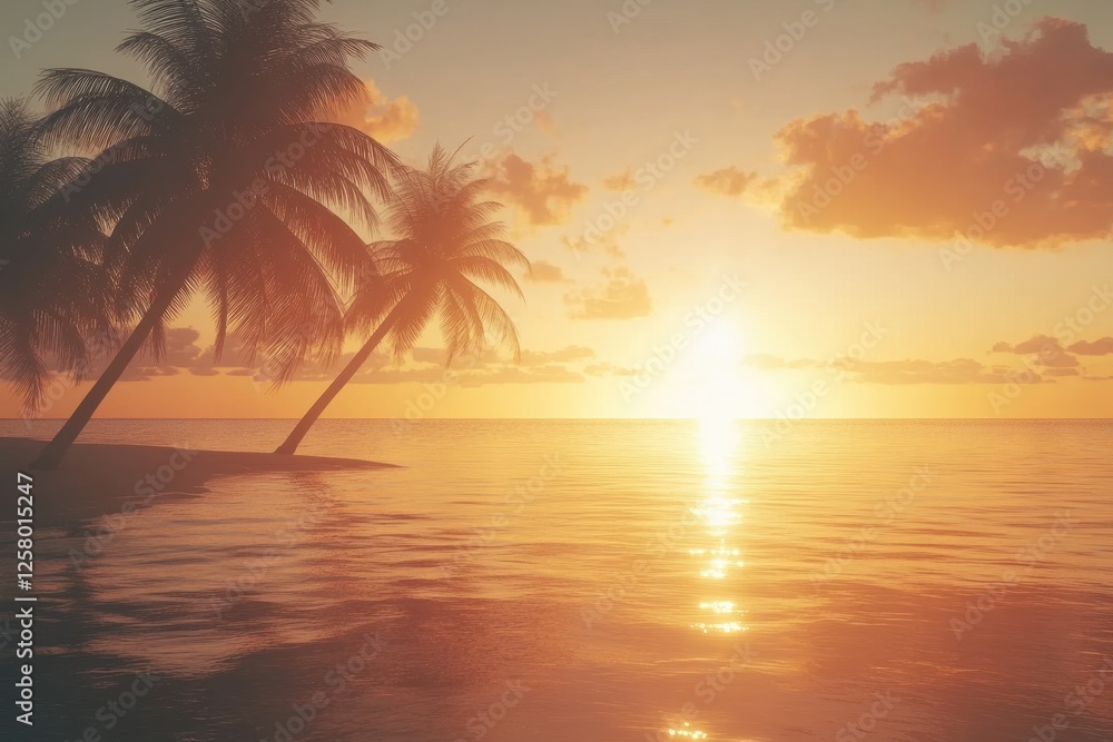 Poster sunset over tranquil ocean with palm trees on a serene beach during a peaceful evening. generative a