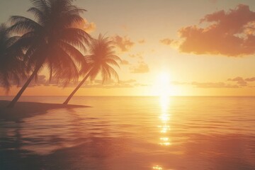 Obraz premium Sunset over tranquil ocean with palm trees on a serene beach during a peaceful evening. Generative AI