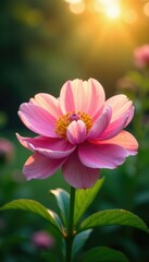 Obraz premium Delicate pink peony petals shine with soft golden glow, trees, garden, leaves