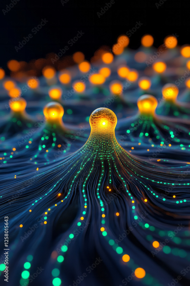 Poster a mesmerizing close-up of synaptic junctions alight with neon pulses, illustrating the interplay of