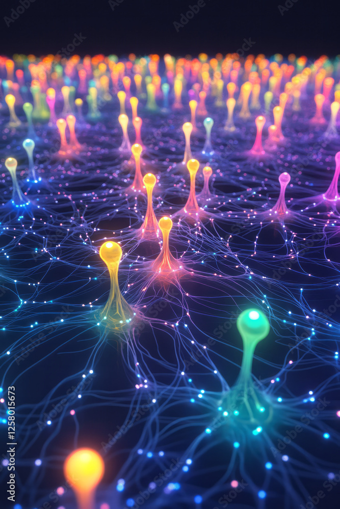 Poster a mesmerizing close-up of synaptic junctions alight with neon pulses, illustrating the interplay of