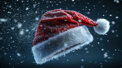Dynamic santa hat in windy snowstorm scene winter wonderland photo studio close-up festive concept