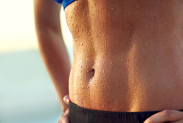 Woman, abdomen and sweat with fitness outdoor of exercise, training and progress of weight loss....
