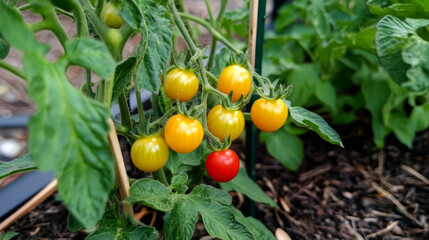 Bright cherry tomatoes ripening on a vine in a vibrant garden setting under natural light