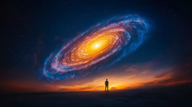 A peaceful nocturnal landscape where one person stands transfixed by a brilliant, spiraling galaxy