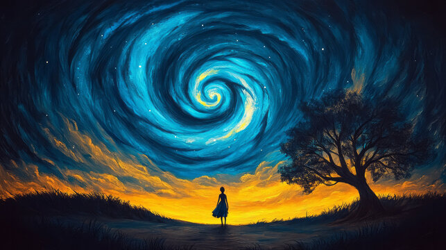 A peaceful nocturnal landscape where one person stands transfixed by a brilliant, spiraling galaxy