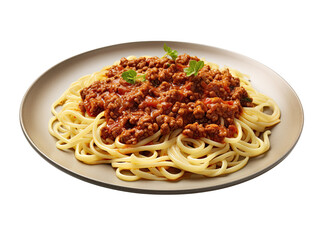 Plate of spaghetti with Bolognese sauce, garnished with fresh herbs.