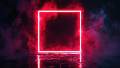 An abstract, neon-red illuminated frame surrounded by smoke in a dark room, with a glowing square and light reflection on a wet floor.