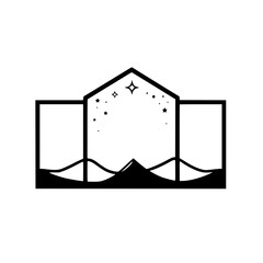 Architectural Design: A stylized minimalist representation of a house with star-shaped lights and a mountain view.