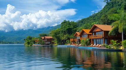 Fototapeta premium Luxury vacation resort with beautiful villas and stunning mountain views at Lake Dunker in the Caribbean style, a panoramic shot of the hotel near the lake with villa houses, wooden house buildings