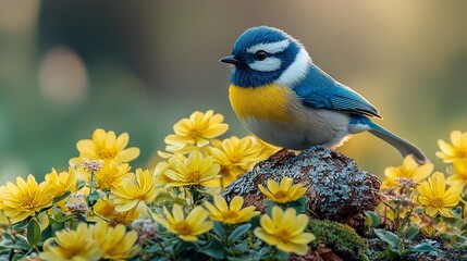 Obraz premium Blue bird perched on rock, yellow flowers, sunrise. Nature scene for spring greeting cards