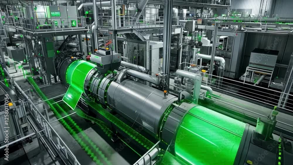 Aufkleber green digital data flowing through large industrial rollers in a highly automated factory setting, s