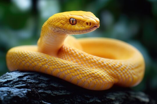 Bright yellow snake with patterned scales on a dark rock.