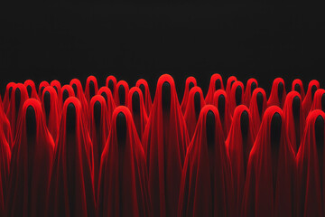 A chilling, dystopian lineup of countless faceless individuals cloaked in red hoods, standing in