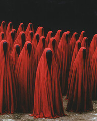 A dramatic, dystopian tableau featuring rows upon rows of faceless figures donning crimson hoods,