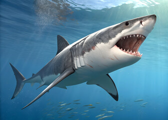 Fototapeta premium A great white shark swims through the blue water with its mouth open, showing its sharp teeth. 