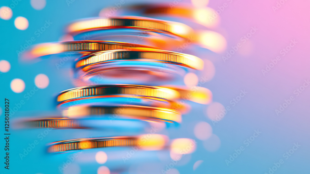 Poster a conceptual illustration of a clock built from shimmering coin stacks, underlining how each coin