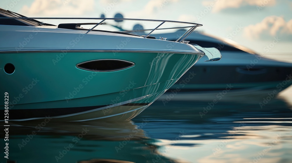 Poster this image depicts a modern speedboat floating in calm waters near a marina. the boat features sleek