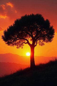 Olivo dorato con foglie amari, silhouetted against a warm orange sky at sunset, Italia, secco, Salento