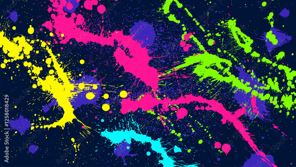 Poster abstract dark grunge background splashed with multi-colored reflective paint.