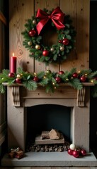 Ornaments and garland adorn a rustic wooden mantel, garland, wreath