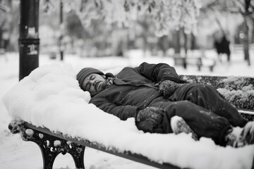 Man napping on park bench under blanket of white snow.