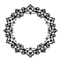 Black ornamental circular design with flower and leaf patterns on a white background.